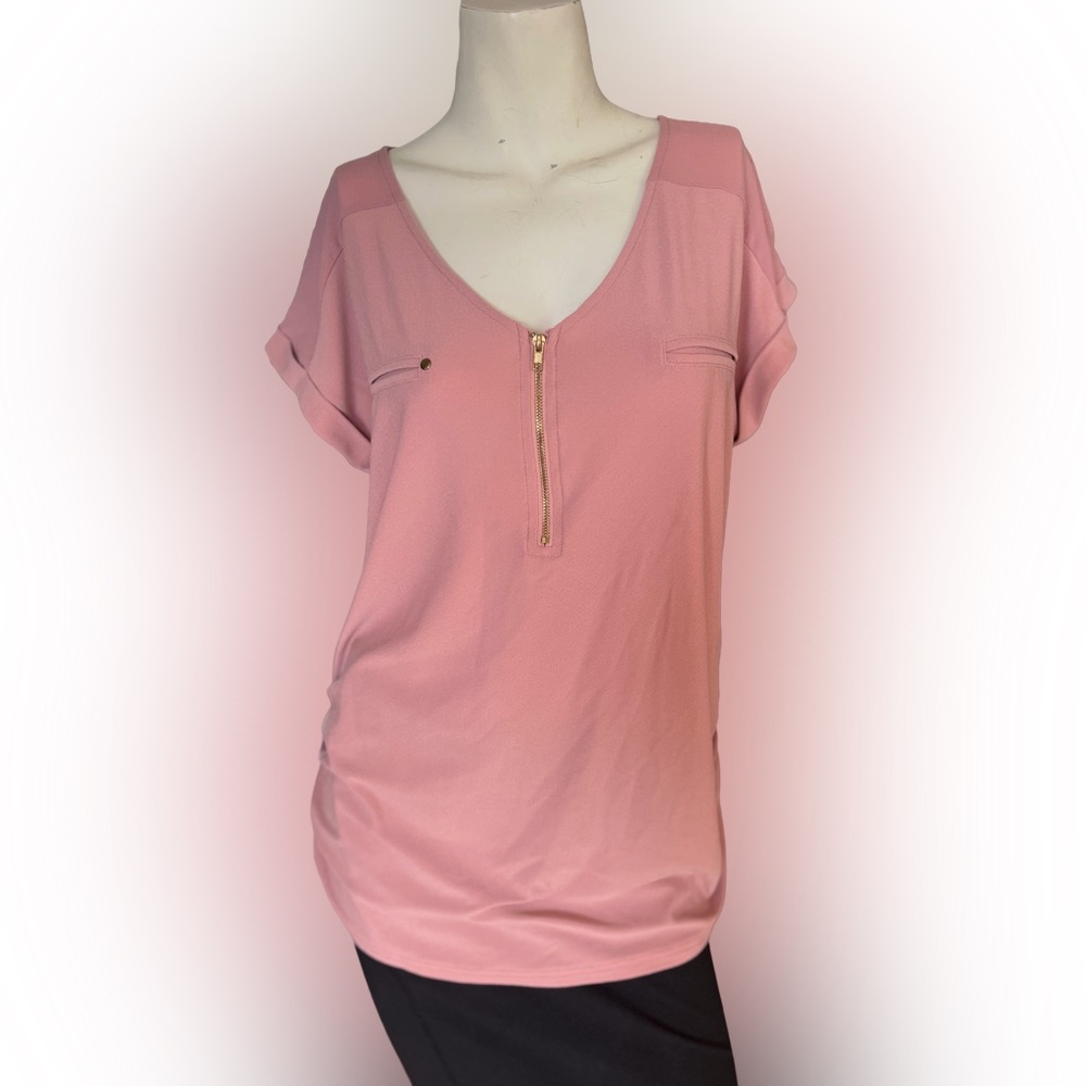 Sweet Wanderer Maternity Top Size L Pink Blush Zip Front Short Sleeve